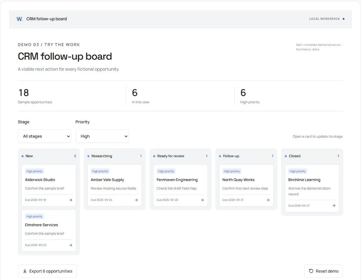 CRM follow-up board: detailed view of sample records and controls