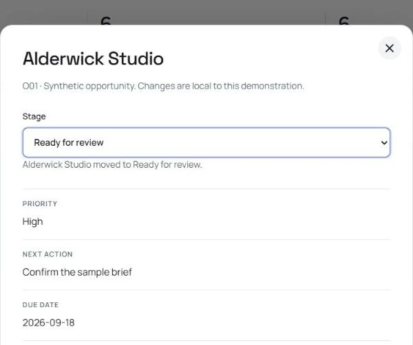 CRM follow-up board: inspectable output and review state