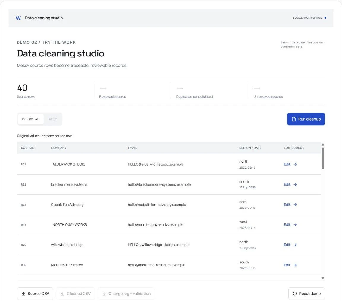 Data cleaning studio: detailed view of sample records and controls