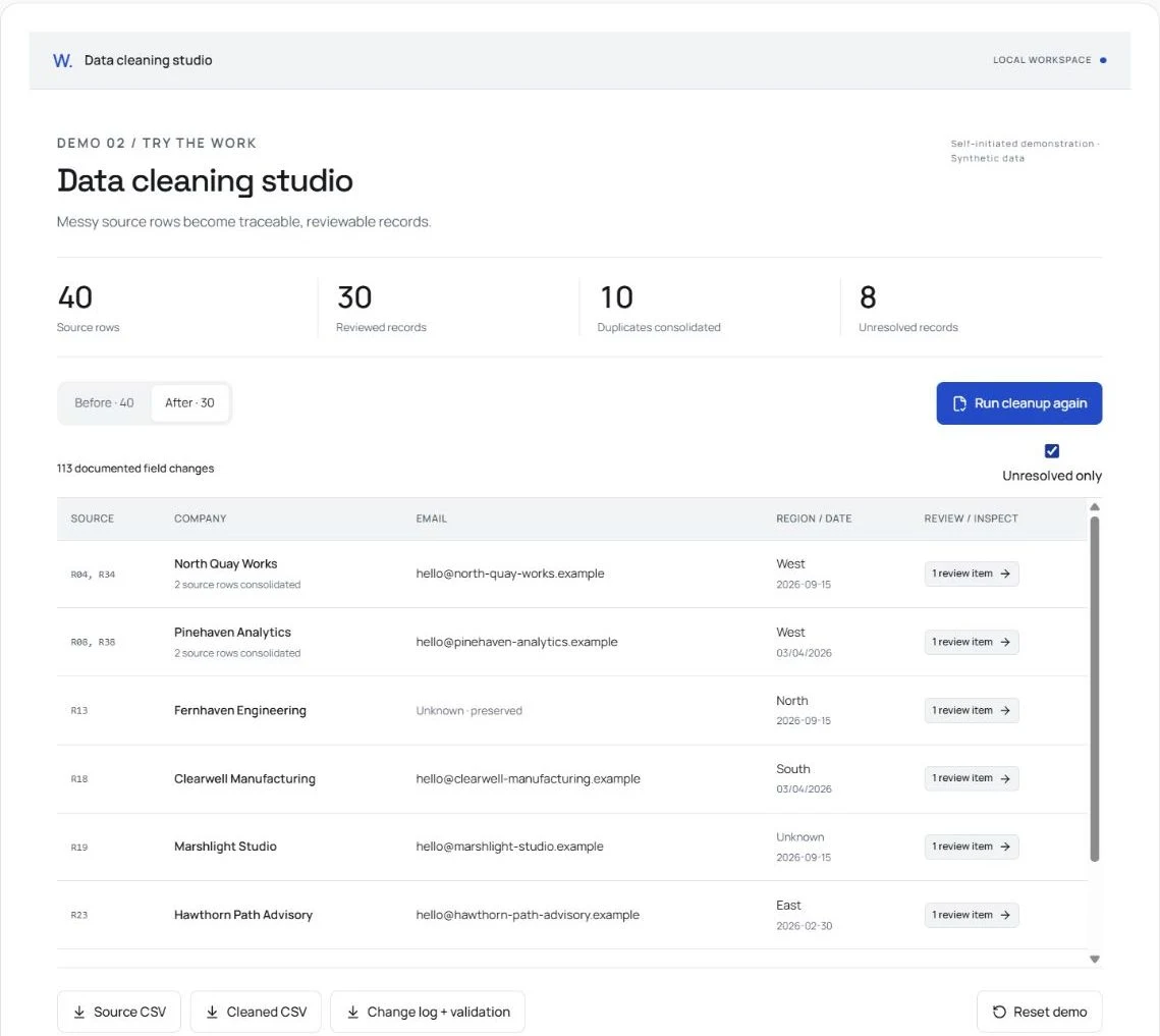 Data cleaning studio: inspectable output and review state