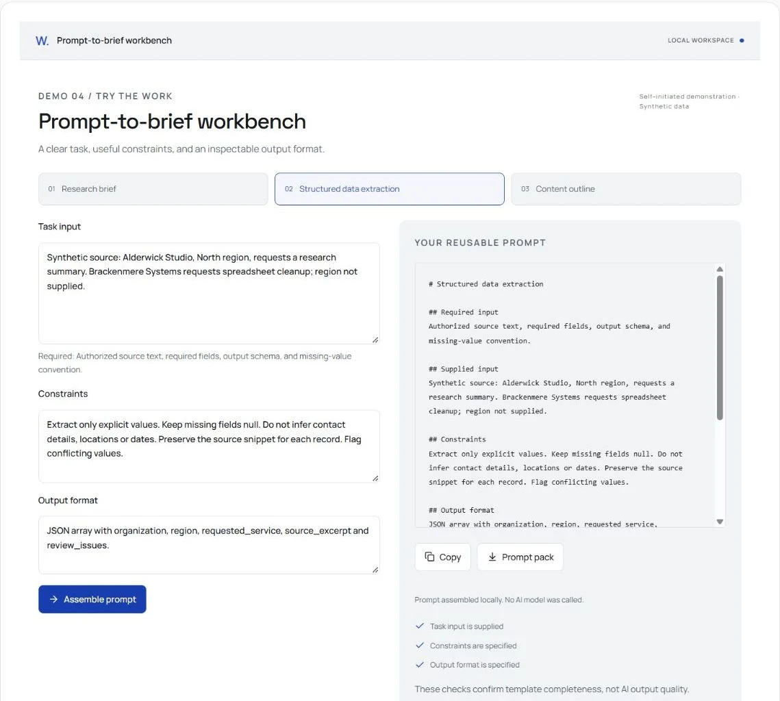 Prompt-to-brief workbench: detailed view of sample records and controls