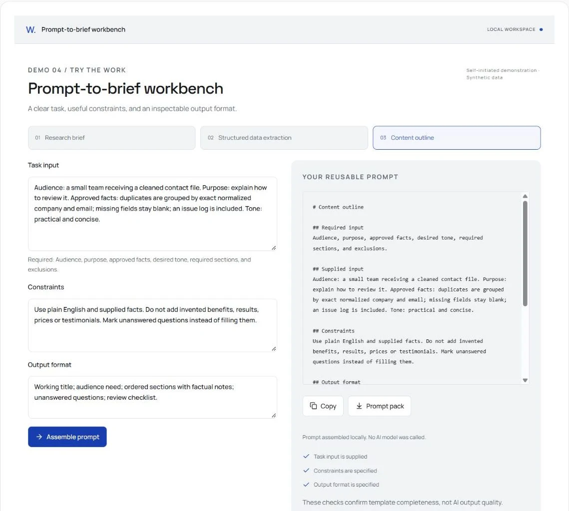Prompt-to-brief workbench: inspectable output and review state