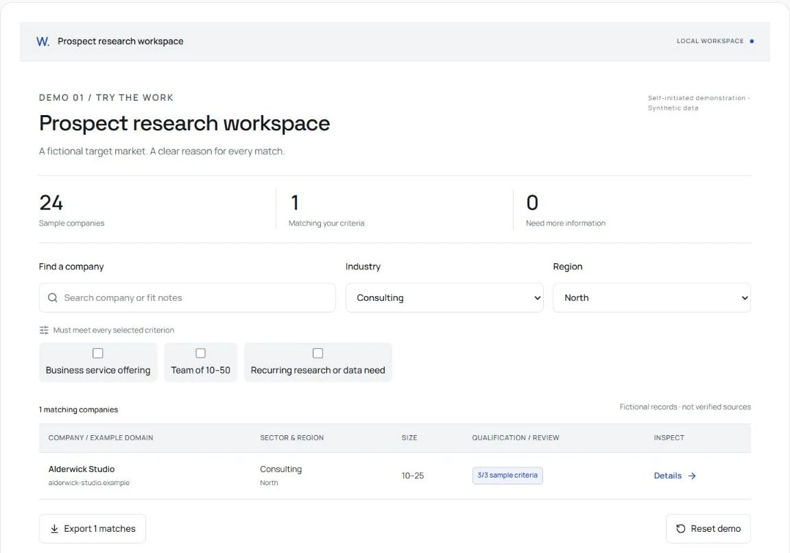 Prospect research workspace: detailed view of sample records and controls